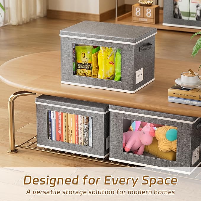 4-Pack Storage Bins with Lids, Fabric Collapsible Closet Storage Bins with Clear Window Large Storage Boxes with Handles Closet Organizers for Shelves, Wardrobe, Grey, 17"X11.8"×11.8"