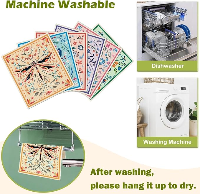 6 Packs Swedish Paper Cloths for Kitchen, Reusable Paper Towels Washable Dish Rags, Highly Absorbent Kitchen Towels Quick Drying Swedish Sponge Cleaning Dish Cloths (Insects Floral)