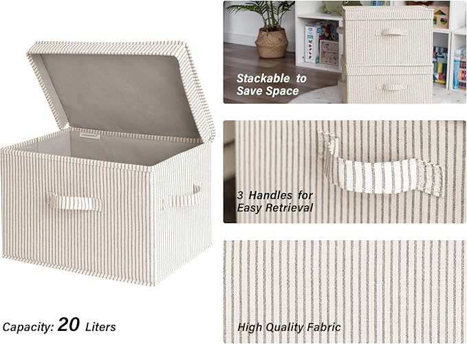 StorageWorks Fabric Storage Bins with Lid, Decorative Storage Boxes for Shelves, Stackable Closet Organizer Basket with Handles, Large, Khaki and Beige Stripes, 2-Pack