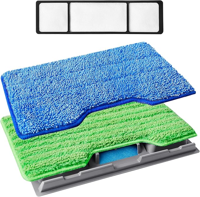 KEEPOW Reusable Microfiber Mop Pads Refills Compatible with Shark VACMOP VM252 VM200 VM401 VM180 VM252GN VC205 VM250 VM190 VM200P12, Upgraded Dirt Chamber for Hard Floor, Blue & Green, 1+1+1+1 Pack