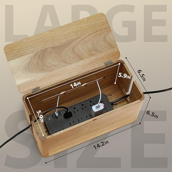 Large Acacia Wood Style Cable Management Box, Cord Organizer Power Strip Box with Magnetic Outlet Covers, Cord Hider for Desk and Floor Cable Storage, Ventilated Design
