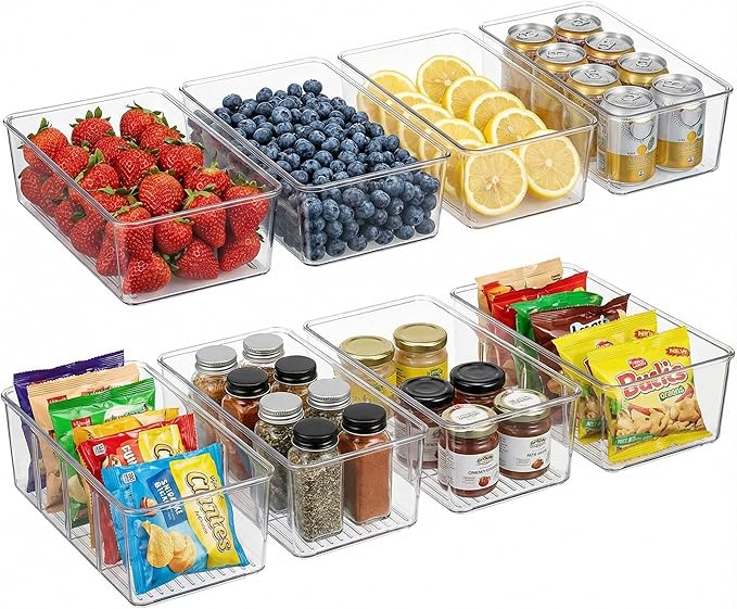Set of 8 Pantry Organizers,2 Kinds Size Clear Plastic Organizer Bins for Kitchen,Fridge,Drawer Organization and Storage,4 compartment Snack Containers for Spice Packets,Tea bag