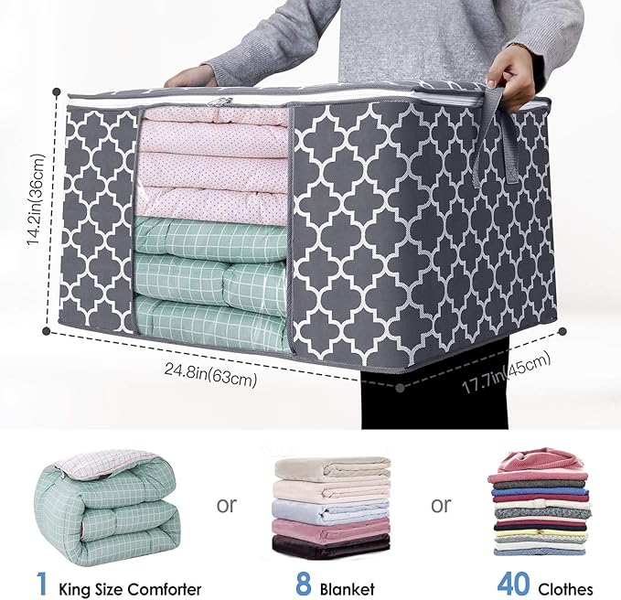 WISELIFE Storage Bags, Large Blanket Clothes Organization and Storage Containers for Bedding, Comforters, Foldable Organizer with Reinforced Handle, Clear Window,Sturdy Zippers,(Grey, 8 x 100L)