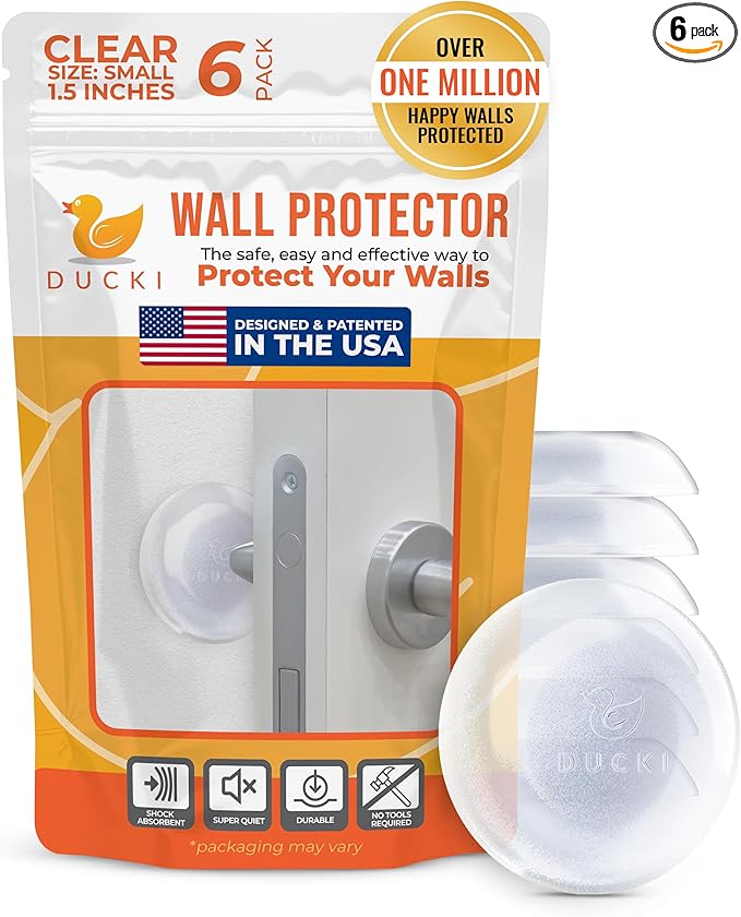 Ducki Door Stop Wall Protectors, 6 Pack Clear, Self Adhesive Reusable Solution for Stopping Wall Damage & Noise from Doors, Refrigerators, & in Your Home or Office, Durable Shock Absorbent & Discreet