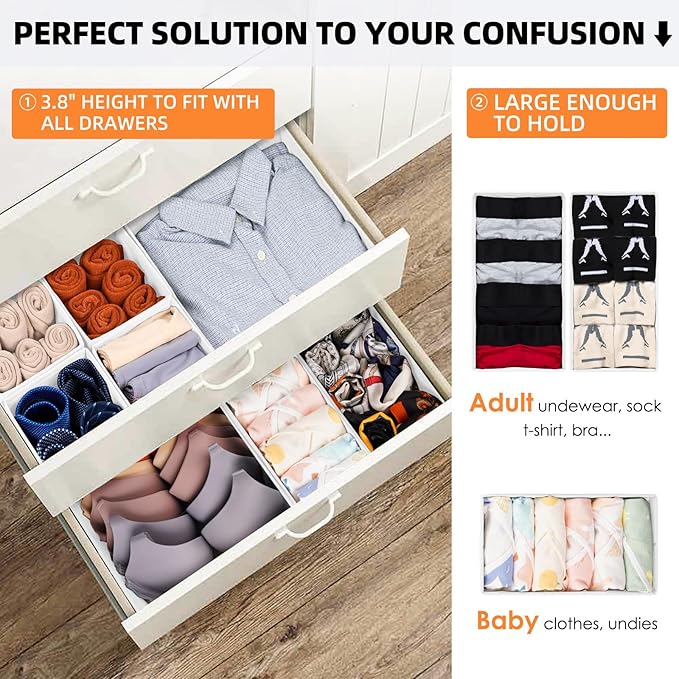 Criusia Drawer Organizer Clothes 6 Pack White- Dresser Organizer Bins for Closet Bedroom - Baby Clothes Organizers and Storage for Nursery Organization -Sock Underwear Drawer Organizer Divider