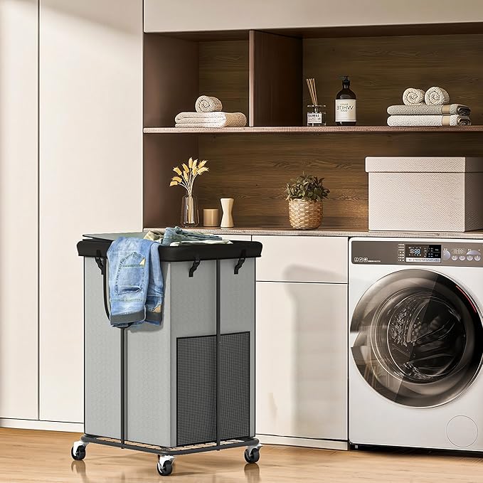 Large Laundry Hampers with Lid, Oxford Fabric Laundry Hampers, Metal Frame and Removable Bag Design with Wheels, Suitable for Bedroom, Bathroom, Dorm Room, Laundry Room (Cationic Gray with Lid)