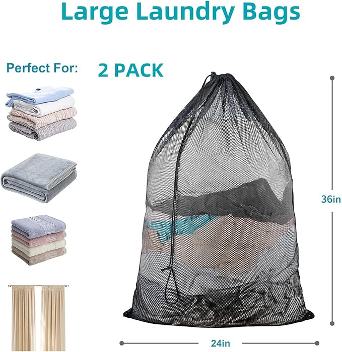 2 Pack Mesh Laundry Bags, 23 x 34 Inches Heavy Duty Mesh Laundry Bag, Large Laundry Drawstring Bag for College, Dorm, Travel, Family and Apartment Dwellers (white)