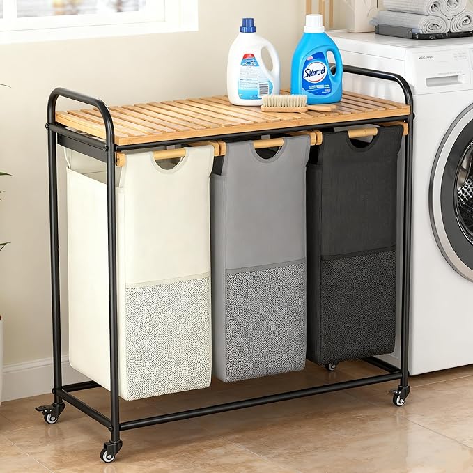 Laundry Hampers 3 Section, Laundry Sorter with Removable Shelf and Pull-Out Bags, Rolling Cart Clothes Hampers Basket with Wheels for Laundry Room Bathroom, 3 x 45 L (Black Beige Gray)