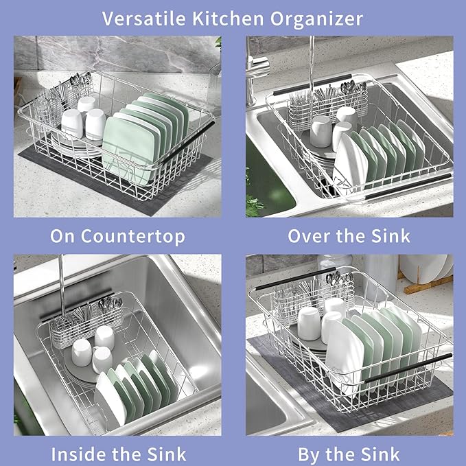 JAQ Dish Drainer in Sink Adjustable 14.96" to 22.44", Expandable 304 Stainless Steel Metal Dish Drying Rack Organizer with Stainless Steel Utensil Holder Over Inside Sink Counter