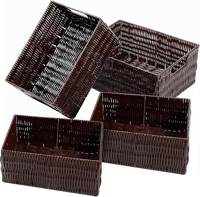 Elevon Plastic Wicker Basket Set of 4, Handmade Storage Basket for Organizing with Handles, Storage Bins for Home Kitchen Countertop, Shelf Organizer, Waterproof, Coffee