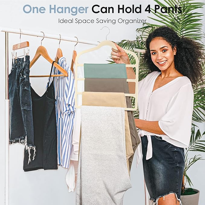 Velvet Hangers Space Saving Non Slip Pant Velvet Hangers, DUDUCOFU 4 Pack Beige Multi Layer Clothes Hangers Closet Organizer for Pants Trousers Scarf
