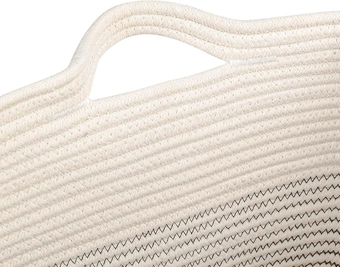 Storage Baskets for Clothes Fabric Cotton Rope Storage Basket with Handles, Decorative Woven Basket for Living Room,Closet Organizer Blankets, and 2bags (White/Black Line, L16×W11.4×H15.9)