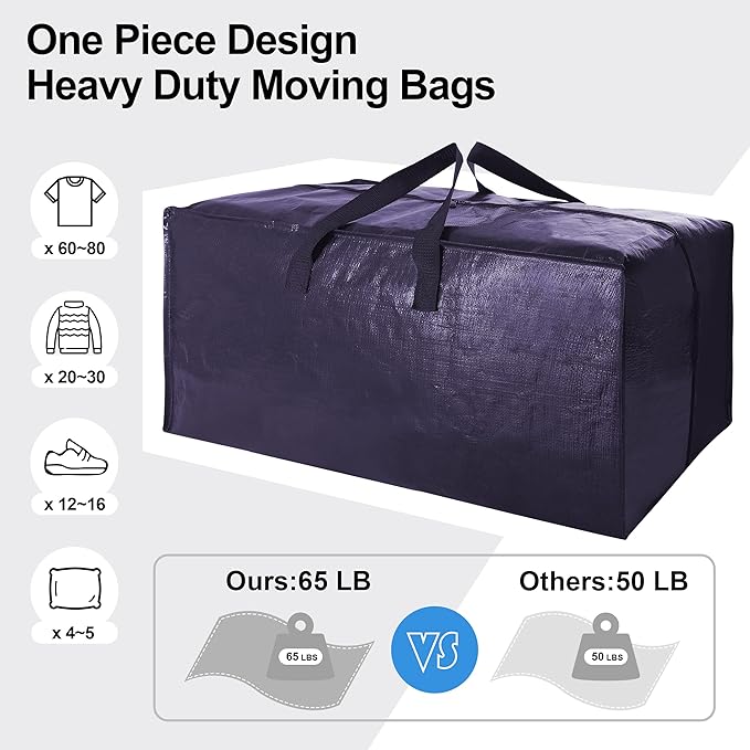 Heavy Duty Extra Large Moving Bags W/Backpack Straps - Strong Handles & Zippers, Storage Totes For Space Saving, Fold Flat, Alternative to Moving Box and Storage Bin (Set of 6, Blue)