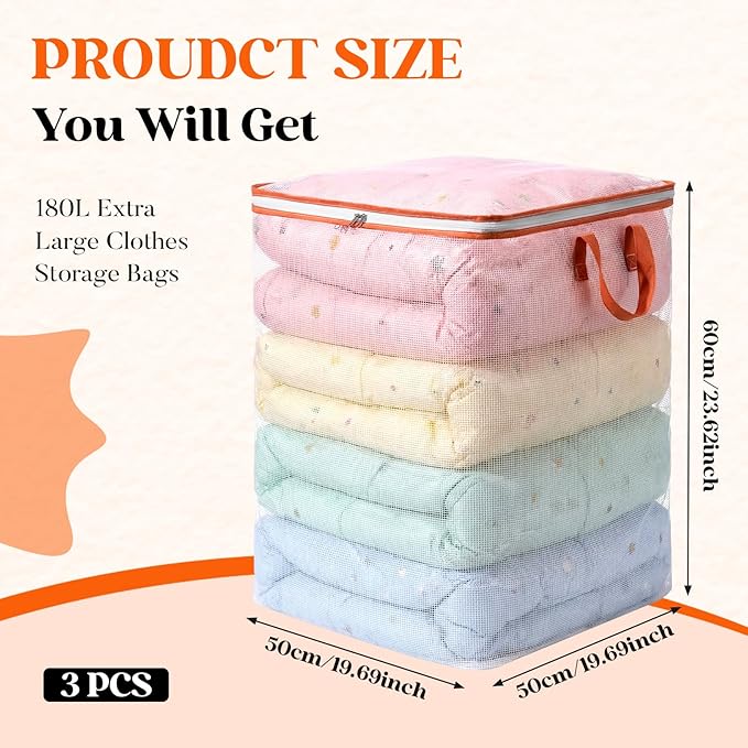 3 Pack 180l Extra Large Blanket Clothes Storage Bags, Transparent Moving Bags with Zippers & Handles for Organizing Clothes, Comforters, Blankets, Bedding, Pillow, Bedding, Travel, 47.6gal