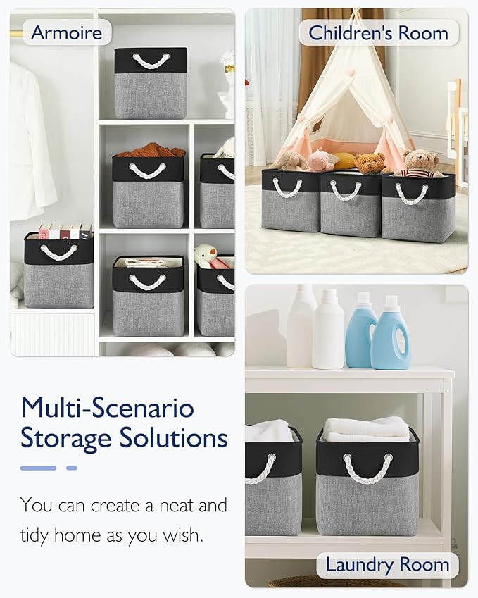 11 Inch Cube Storage Bins, 4 Pack Fabric Storage Cubes with Rope Handles, Organizer Baskets for Closet Shelves, Clothes and Home Organization(Dark/Gray)