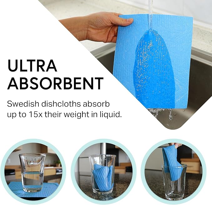 Swedish Wholesale Dishcloths Reusable 8" x 7" Sponge Cloths, Bulk 10 Pack of High Absorbent Cellulose Dish & Kitchen Cleaning Hand Towels, Wring to Dry & Machine Wash, Odor Resistant, Blue