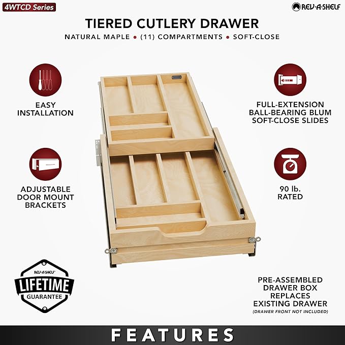 Rev-A-Shelf 15 Inch Wide 2 Tiered Kitchen Utensil & Cutlery Pullout Drawer Tray Organizer, 18" W Soft Close