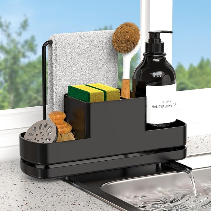 FUNKYLEE Sink Caddy Kitchen Sink Organizer, Black Kitchen Counter Organizer, Scrub Brush Holder, Plastic Sponge Holder for Dish Soap, Soap Dispenser, Sponge, Towel