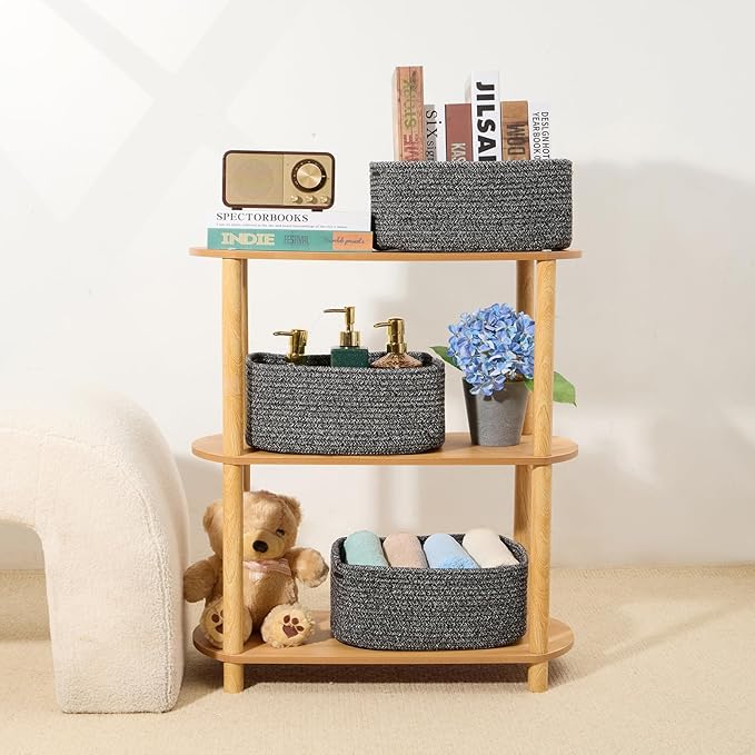 Small Storage Baskets for Organizing | Closet Organizer Bins | Shelf Toy Basket | Woven Rope Baskets | Cube Decorative Box | Shallow Basket | 13x8.5x5.1” | 4 Packs Dark Gray