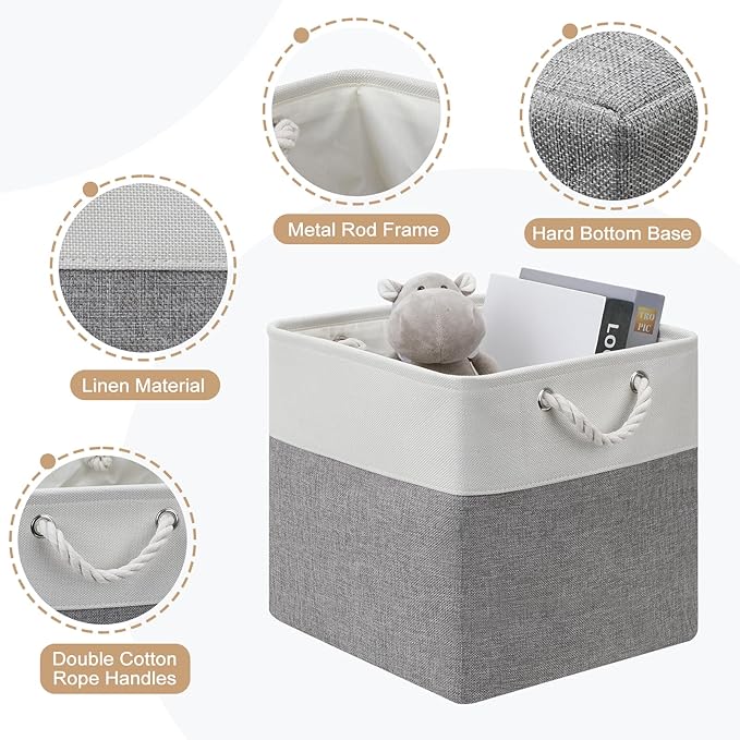 13x13 Storage Cube Bins 4Pack,Collapsible Cube Storage Organizer for Closet, Fabric Storage Box w/ Rope Handles, Foldable Storage Baskets for Shelves, Clothes,Closet Organization - White/Gray