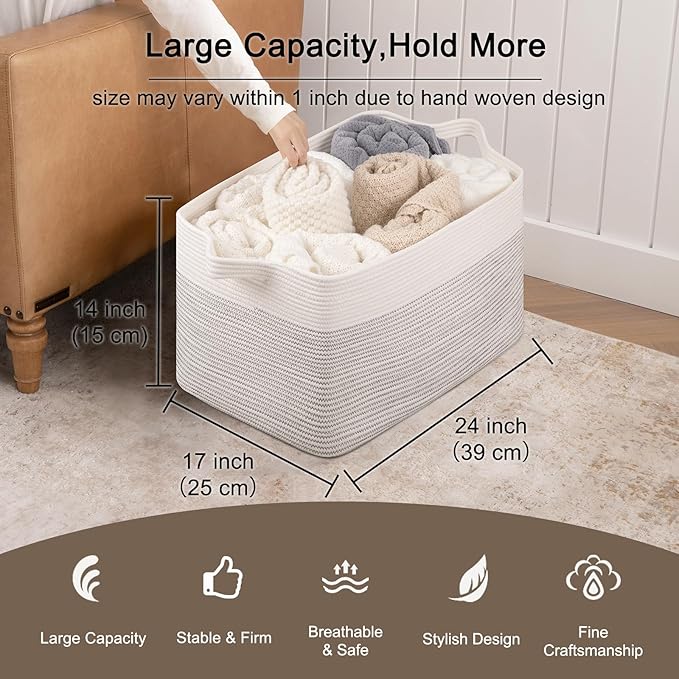 OIAHOMY Extra Large Blanket Basket, 95L Woven Storage Basket, Cotton Rope Toy Bin for Baby Room, Container for Storage in Living Room, 24''×17''×14'', Black & White