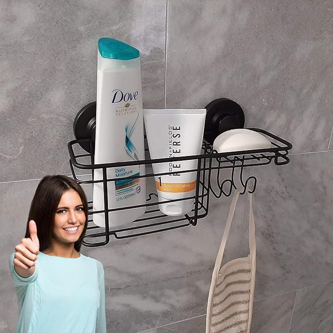 Gecko-Loc Large Combo suction cup wall mount bathroom shower caddy - shampoo storage basket shelf organizer caddie bath shelves - Black