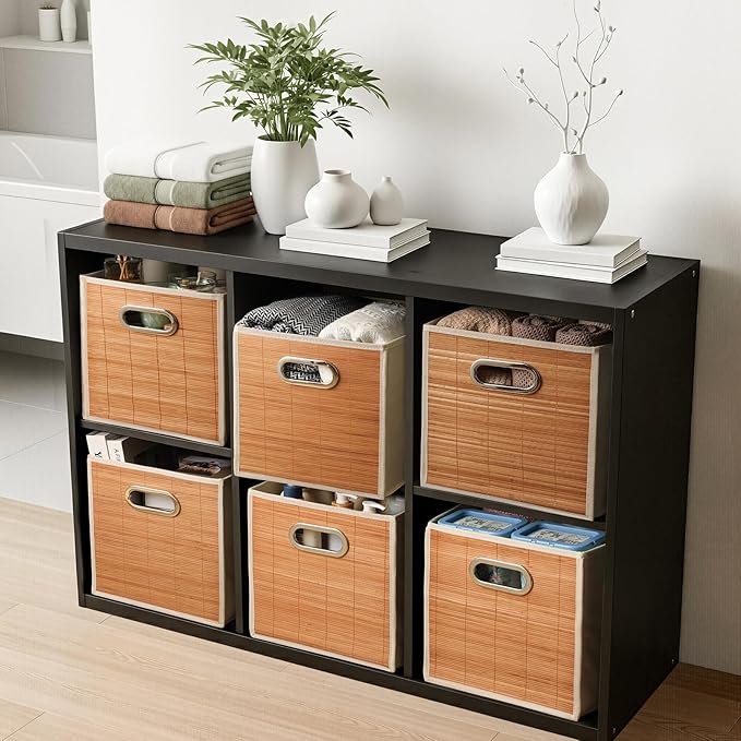 10.5x10.5in Bamboo Storage Cubes Storage Baskets, 6-Pack Foldable Handwoven Bamboo Strip Wicker Basket, Wicker Cube Storage Bins for Organization, Closet, Shelves, Home, Offices