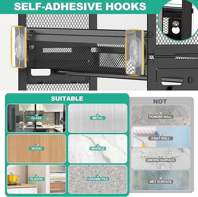 Docnest 3 Tier Wall Mounted Spice Rack with 9 Hooks-2 Installation Ways (Screw/Adhesive), Space-Saving Metal Spice Shelf for Jars & Seasonings, Hanging Organizer for Kitchen, Pantry, Home Decor, Black