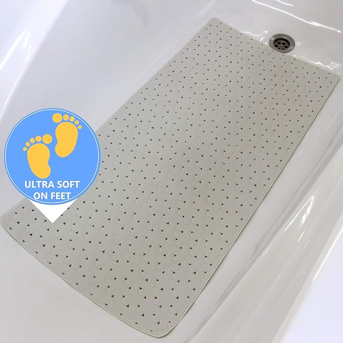 SafeLand- Non-Slip Bath, Shower, Tub Mat, TPR Material, Eco-Friendly, Non-PVC, Machine Washable, No Odor, with Powerful Suction Cups and Drain Holes, Tweed (15"x30" White)