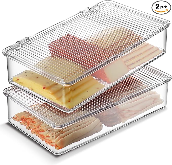 Tafura Bacon Container For Refrigerator (2 Pack) Fridge Storage Organizer | Cheese & Deli Storage Container | Bacon Keeper | Cold Cuts Meat Saver | Cheese Holder, BPA Free