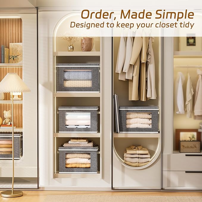 4-Pack Storage Bins with Lids, Fabric Collapsible Closet Storage Bins with Clear Window Large Storage Boxes with Handles Closet Organizers for Shelves, Wardrobe, Grey, 15"×9.8"×9.8"