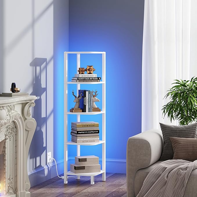 TUTOTAK Corner Shelf with LED Light, 5-Tier Corner Bookshelf for Small Space, Narrow Display Corner Shelf Stand with Storage Rack, for Living Room, Bedroom, White BS08BW005L