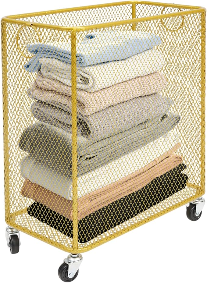 Gold Metal Laundry Basket with Wheels, Rolling Laundry Hamper Cart Gold Mesh Laundry Clothes Sorter Storage Cart Organizer Shelf Basket Durable for Laundry Room