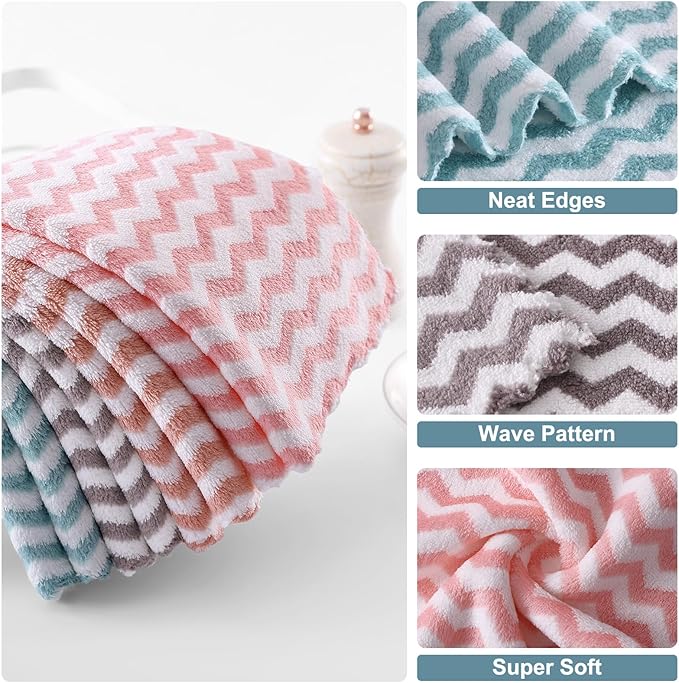Homaxy 12 Pack Kitchen Dish Cloths, Ultra Soft and Absorbent Dish Towels, Reusable Fast Drying Microfiber Cleaning Cloth, Wave Coral Velvet No-lint Cleaning Rags, 10 x 10 inches, Multicolor