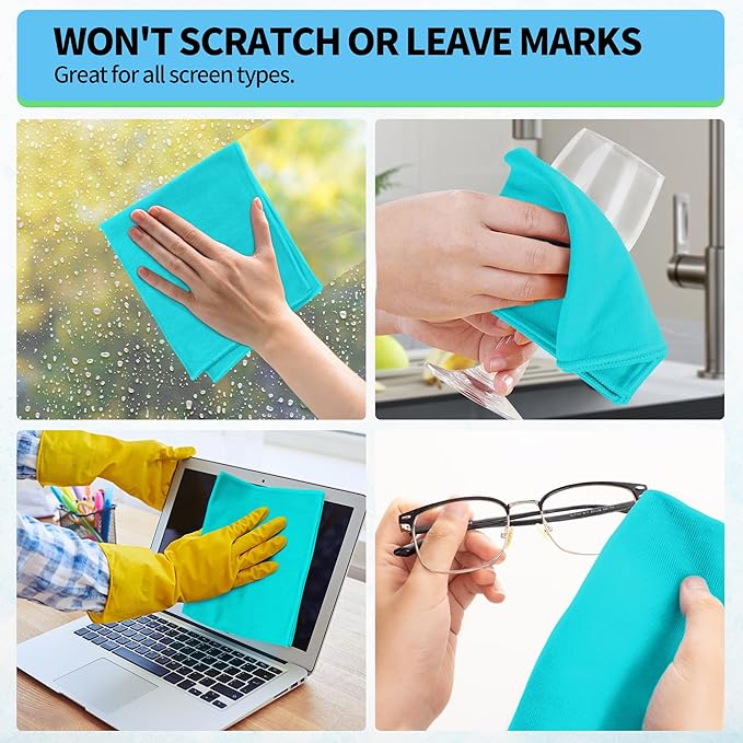 HOMERHYME Microfiber Cleaning Cloth, 12 Pack Window Glasses Cleaning Cloth, Reusable Lint-Free Streak Free Polishing Cloth Wipes for Stainless Steel, Eyeglass, Mirror, Screen & Lense, Turquoise