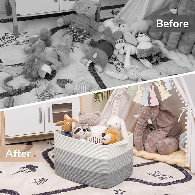 Goodpick Large Woven Basket, Rectangle Rope Storage Baskets for Organizing, Blanket Basket with Handles for Living Room, Nursery, Gradient Gray, 18 x 14 x 12 Inches