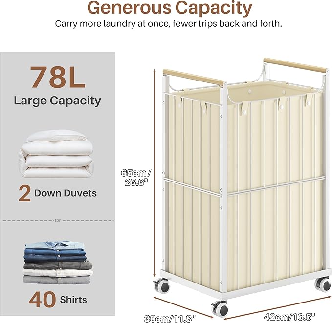 Laundry Hamper with Wheels,Laundry Basket with Wooden handle, Laundry Sorter with Removable Liner Bag,Suitable for Laundry Room, Bedroom,Bedroom(Beige, 78L)