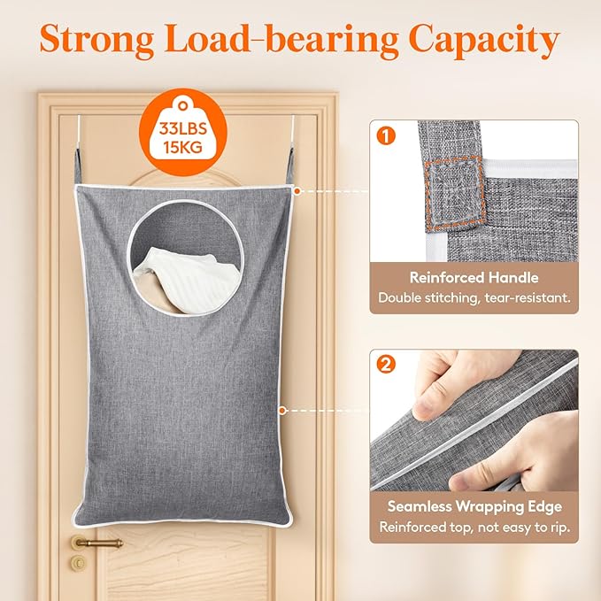 Lifewit 1 Pack Over Door Laundry Hamper, Large Collapsible Hanging Laundry Hamper, Hanging Laundry Basket Bag for Bathroom Bedroom Dirty Clothes Storage Organizer, Light Gray