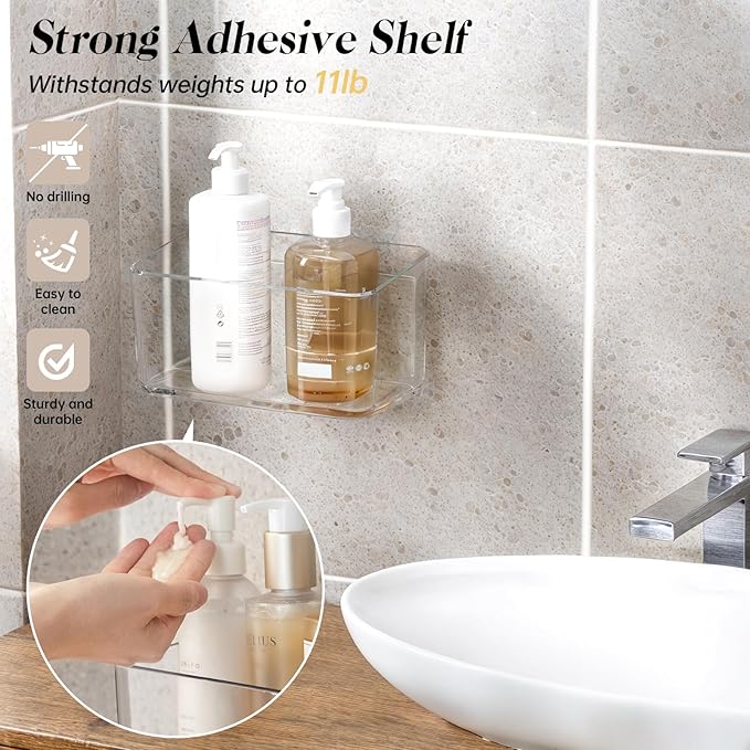 PAVSTINE 2 Pack Clear Shower Shelf, Adhesive Bathroom Shower Shelves, Wall Mounted Bathroom Shower Organizer, No Drill Shower Shelves with Self Adhesive Tape, Transparent