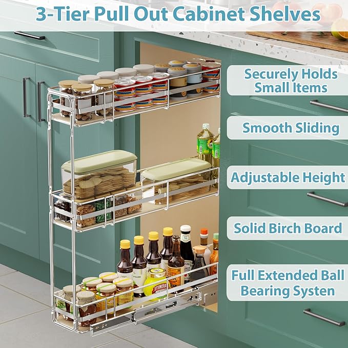 Pull Out Spice Rack Cabinet Organizer 5" W x 20½" D, 3 Tier Heavy Duty Slide Out Wood Shelf for Narrow Cabinet, Pull Out Storage for Kitchen