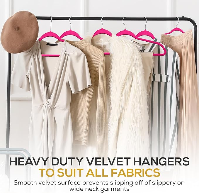 Techzoo Premium Velvet Hangers 50 Pack Ultra Thin Non Slip Adult Felt Space Saving Suit Hanger for Closet Heavy Duty Coat Pants Jackets Dress Hangers 360° Swivel Hook Hold Upto 10 lbs Dark Pink