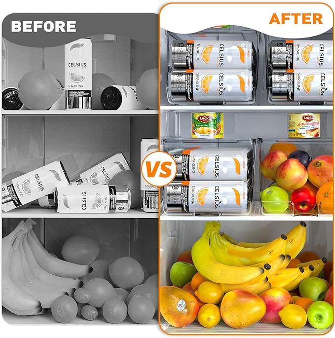 Skinny Can Organizer for Refrigerator, Stackable Tall Skinny Soda Pop Can Holder Dispenser with Lid for Fridge Pantry Rack Freezer, Clear Plastic Storage Bins-Holds 12 Slim Cans (See-through)