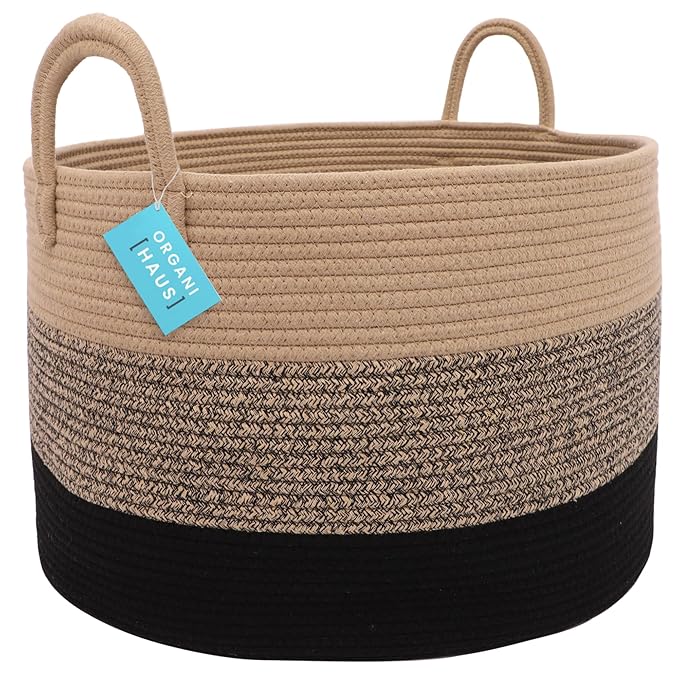 OrganiHaus Large Woven Storage Basket for Blankets and Toys 20" x 13" Inch, Rope Laundry Basket with Handles, Cushions & Pillows Storage Bin, Nursery Hamper, Soft Round Dog Toy Bin - Brown/Black