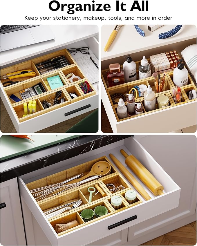 12-Piece Bamboo Desk Drawer Organizer Set – Adjustable Storage Boxes with 24 Compartments, Non-Slip, Modular Design for Office, Jewelry, Vanity, and Kitchen Utensil Drawer Storage