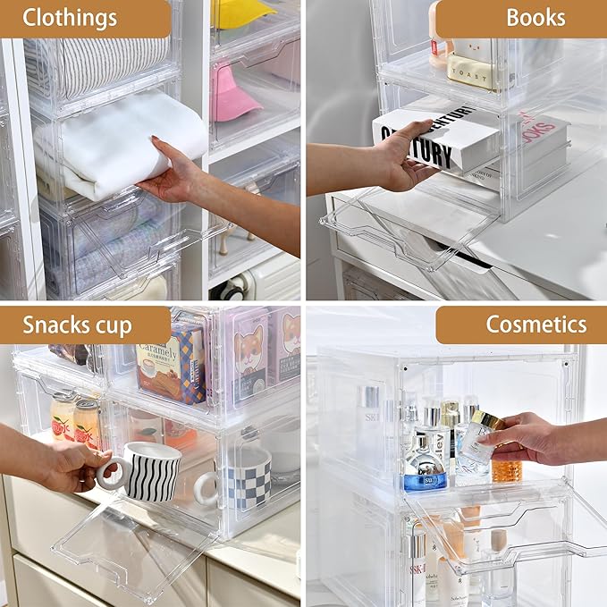Storage Bins with Lids 6 Pack Clear Stackable Plastic Closet Organizers Containers w/Magnetic Door Box for Wardrobe Bedroom Office Dorm