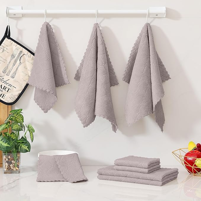 Homaxy Kitchen Towels and Dishcloths Set, 10 x 10 and 13 x 19 Inches, Set of 12 Super Soft and Absorbent Coral Velvet Kitchen Towels, No Lint and Nonstick Oil Fast Drying Dish Towel, Grey