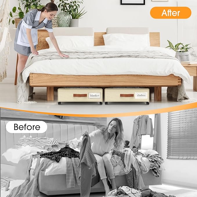 Under Bed Storage with Wheels 2Pack Underbed Storage with Clear Window&Label Under Bed Drawers Large Capacity Rolling Under Bed Storage for Clothes,Shoes, Blankets (Beige)