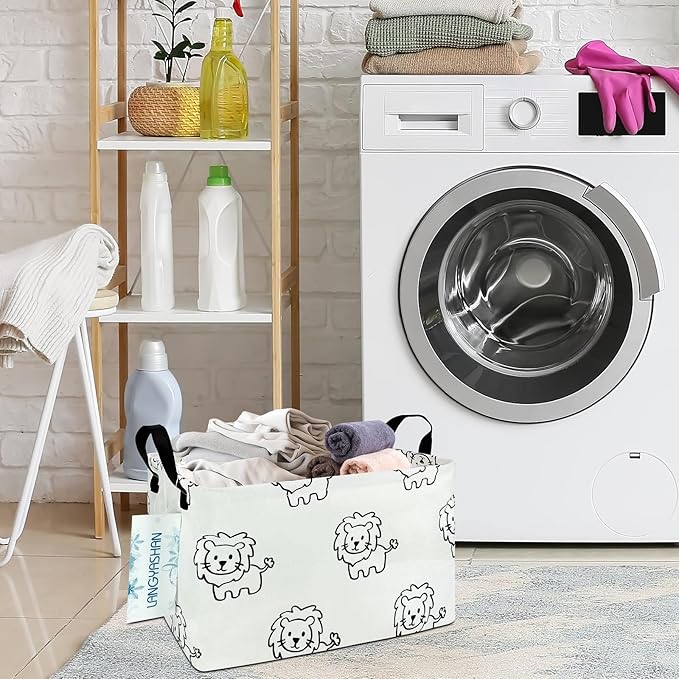 LANGYASHAN Rectangular Storage Bin Collapse Canvas Fabric Cartoon Storage Basket with Handles for Organizing Home Kitchen Boys and Girls Toys Office Closet Shelf Baskets (Rec lion)