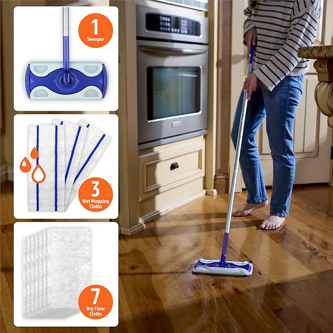 Amazon Basics Wet & Dry Sweeper Kit, 1 Sweeper Handle, 7 Heavy Duty Dry Floor Cloths, 3 Wet Floor Cloths, Pack of 1