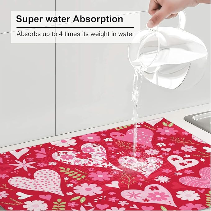 Set of 3 Floral Heart Dish Drying Mat & Kitchen Sink Splash Guard Faucet Mat For Kitchen Counter Absorbent Microfiber Dishes Pad Dish Drainer Rack Mats Fast Dry Kitchen Accessories
